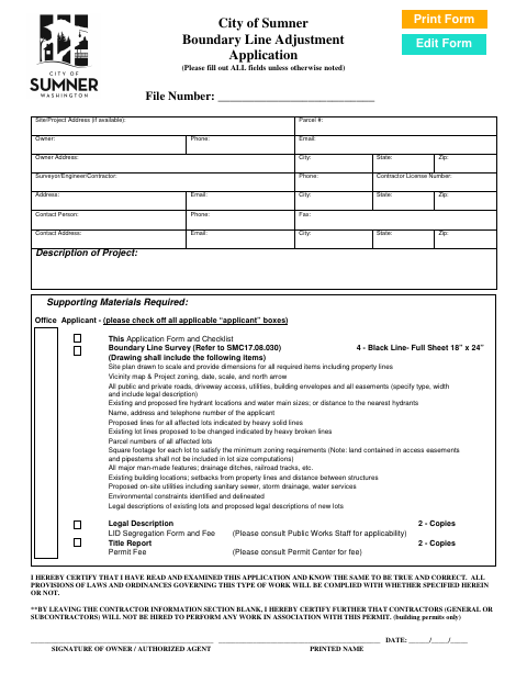 First page of the Boundary Line Adjustment Application