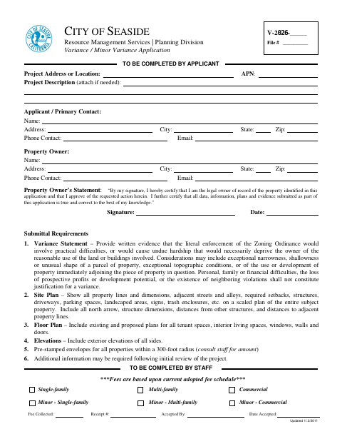 First page of the Variance / Minor Variance Application