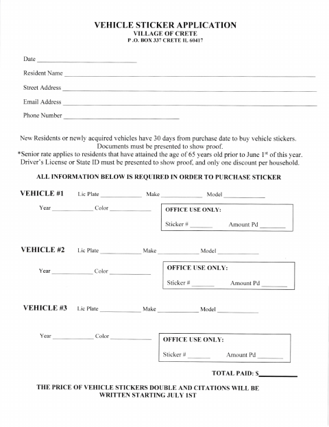 First page of the Vehicle Sticker Application