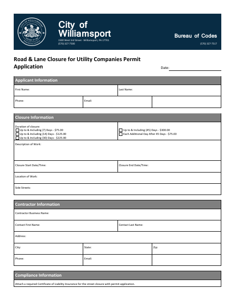 First page of the Road & Lane Closure for Utility Companies Permit Application