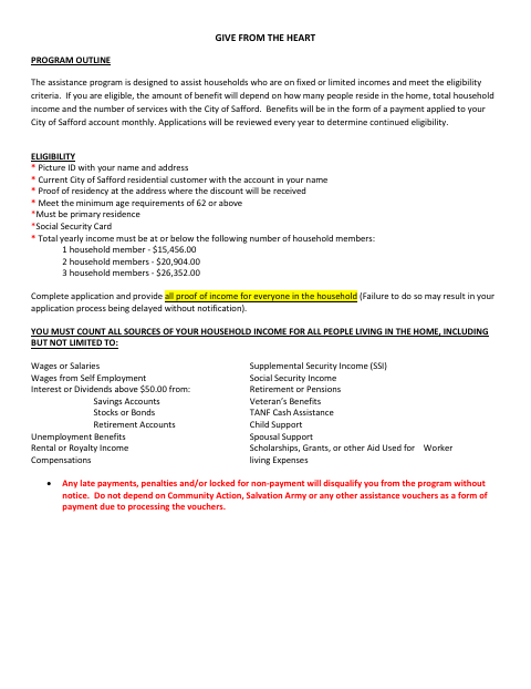 First page of the Give From The Heart Assistance Application