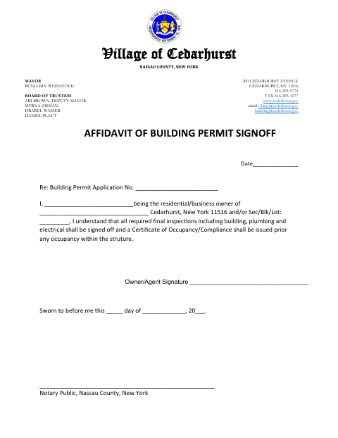 First page of the Affidavit of Building Permit Signoff