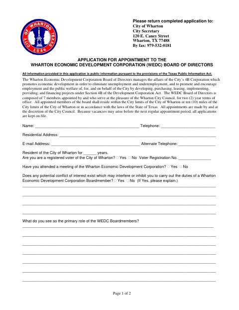 First page of the Application for Appointment to the Wharton Economic Development Corporation Board of Directors
