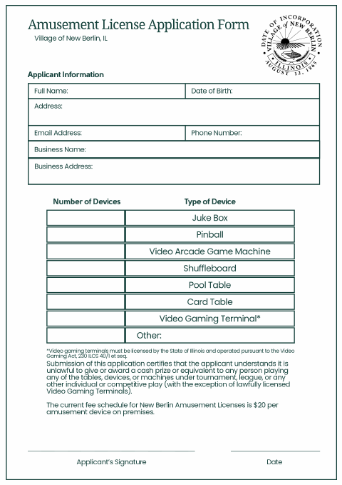 First page of the Amusement License Application