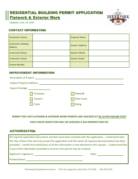 First page of the Residential Building Permit Application Flatwork & Exterior Work
