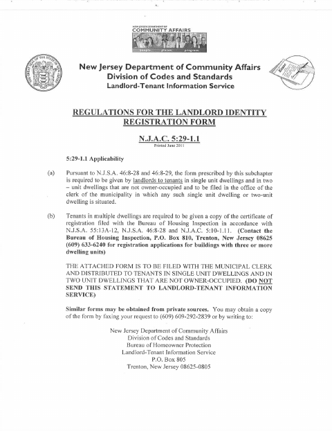 First page of the Landlord Identity Registration Form for One- and Two-Unit Dwellings