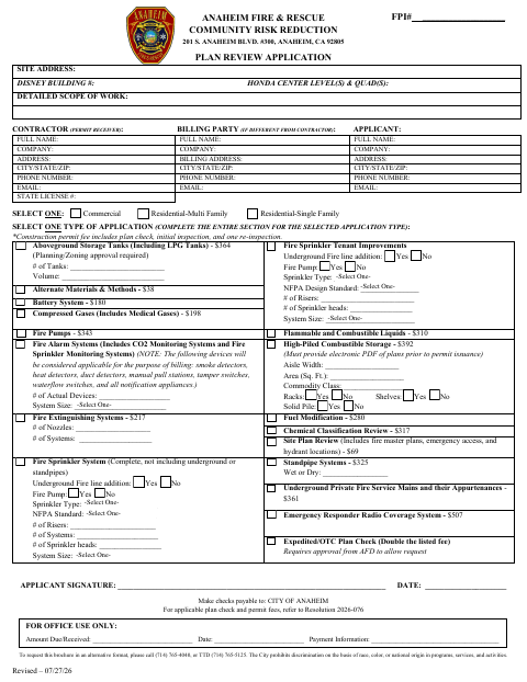 First page of the Plan Review Application