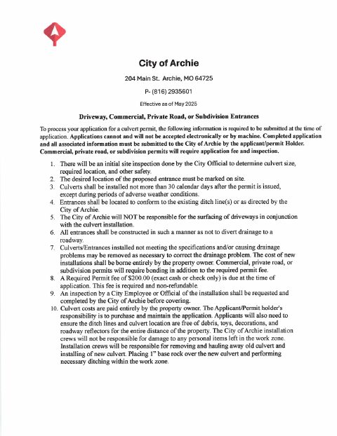 First page of the Culvert Permit Application