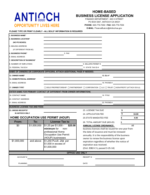 First page of the Home-Based Business License Application
