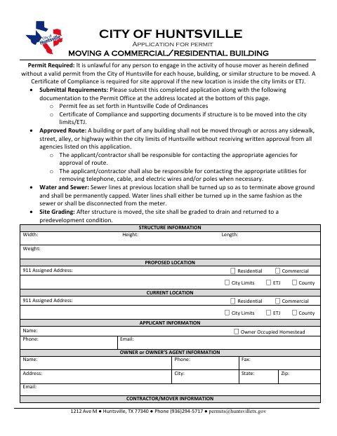 First page of the Application for Permit Moving a Commercial/Residential Building