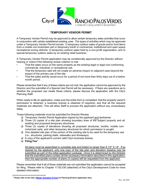 First page of the Temporary Vendor Permit