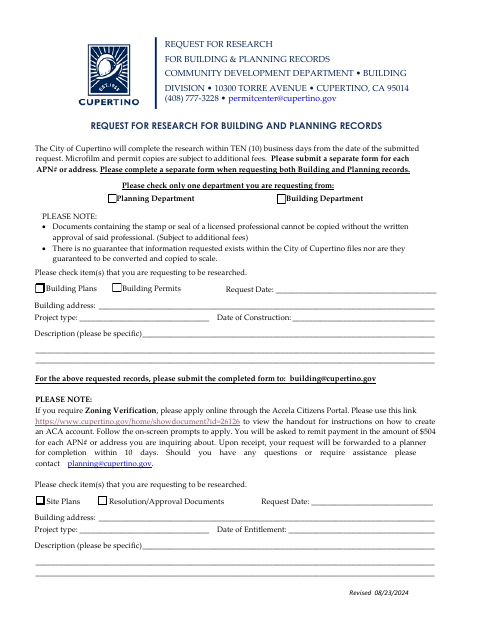 First page of the Request for Research for Building and Planning Records