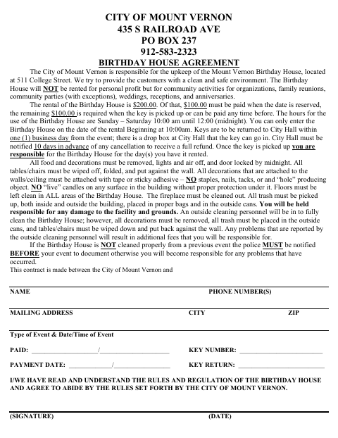First page of the Birthday House Rental Agreement