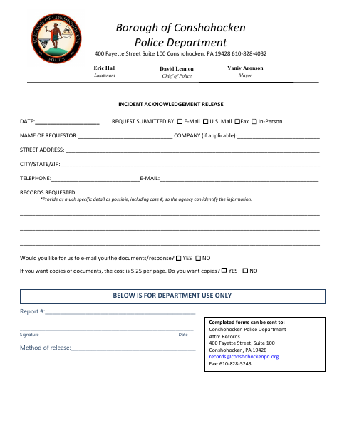 First page of the Incident Acknowledgement Release