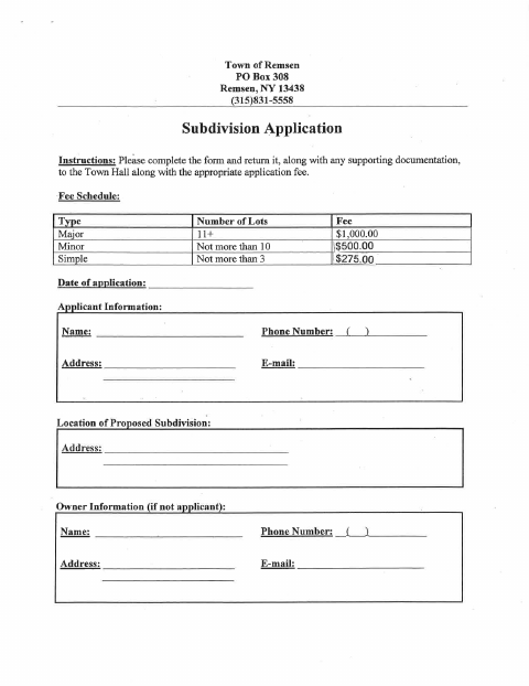 First page of the Subdivision Application Form