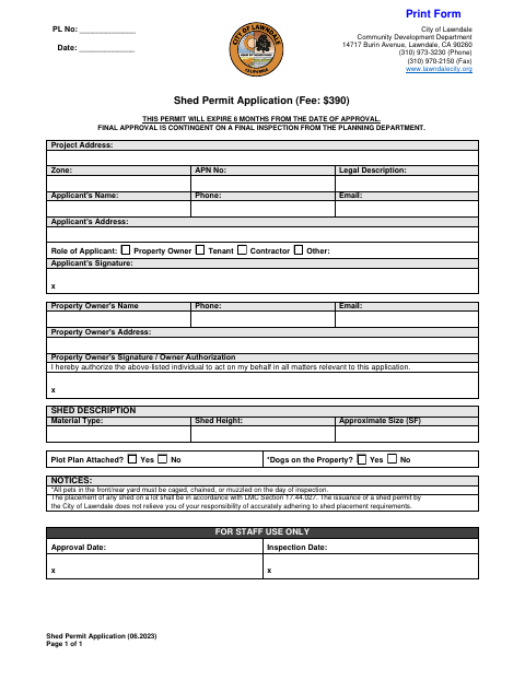 First page of the Shed Permit Application