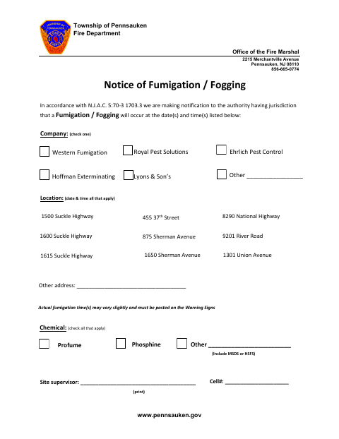 First page of the Notice of Fumigation / Fogging
