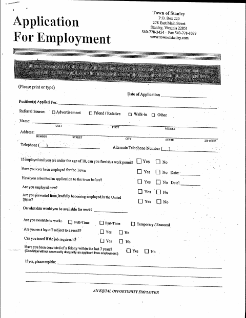 First page of the Town of Stanley Employment Application