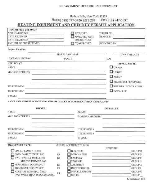 First page of the Heating Equipment and Chimney Permit Application