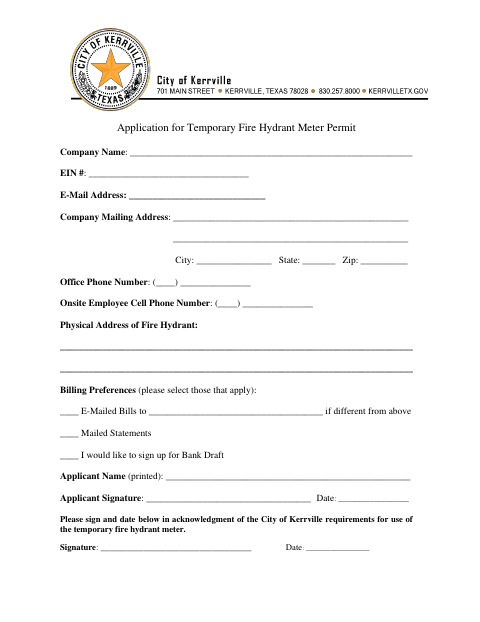 First page of the Application for Temporary Fire Hydrant Meter Permit