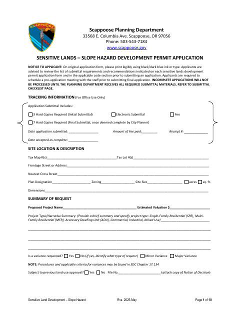 First page of the Sensitive Lands Slope Hazard Development Permit Application