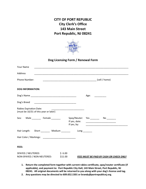 First page of the Dog Licensing/Renewal Form