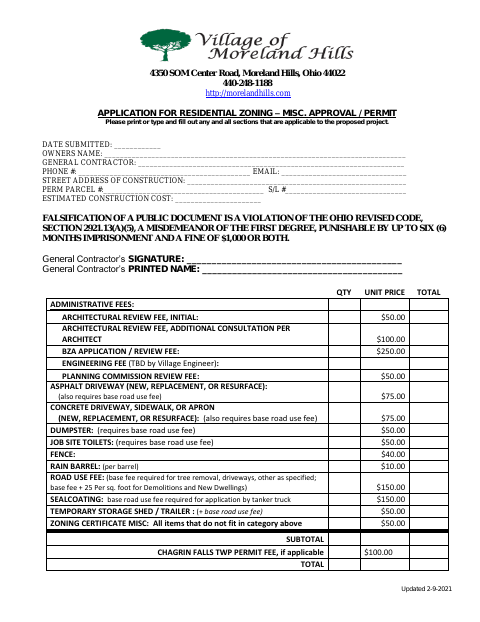 First page of the Application for Residential Zoning – Misc. Approval / Permit