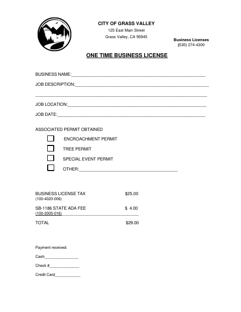 First page of the One-Time Business License