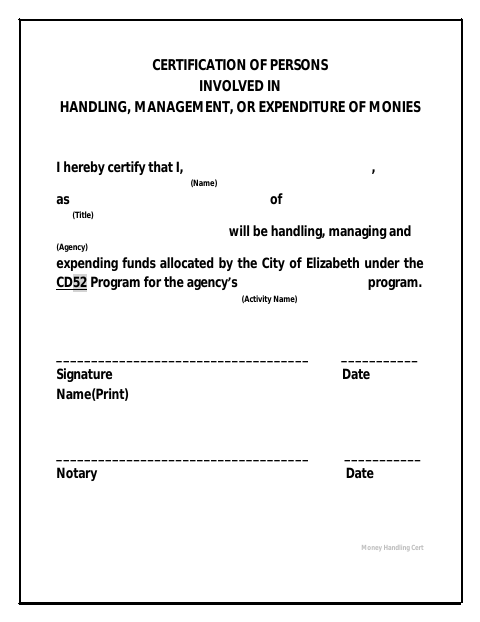 First page of the Money Handling Certification