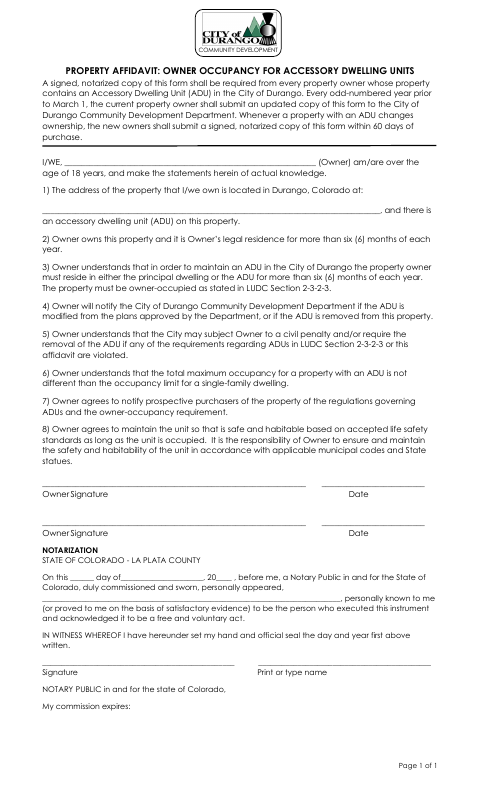 First page of the Accessory Dwelling Unit Owner Occupancy Property Affidavit