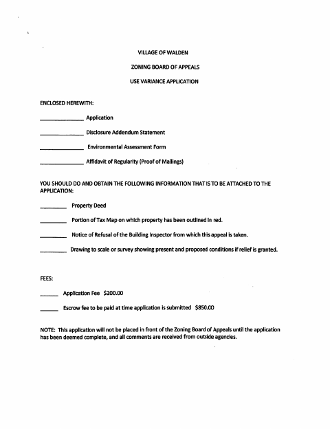 First page of the Zoning Board of Appeals Use Variance Application