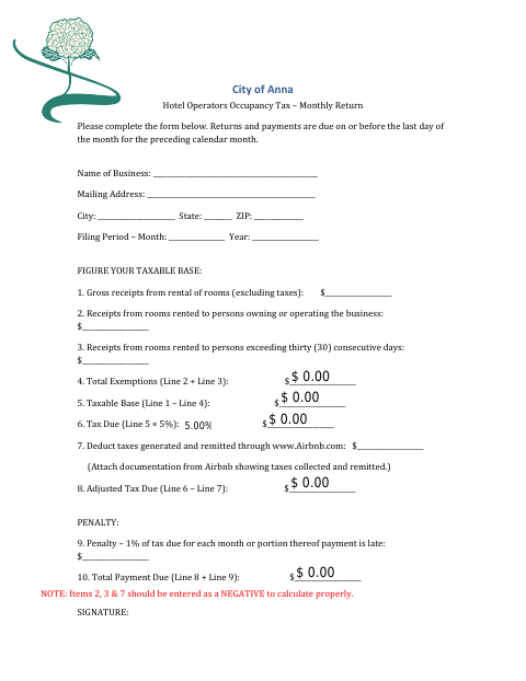 First page of the Hotel Operators Occupancy Tax – Monthly Return