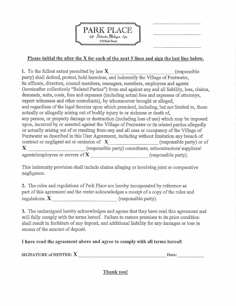 First page of the Park Place Reservation Agreement
