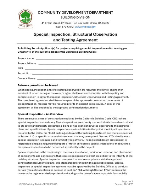 First page of the Special Inspection, Structural Observation and Testing Agreement