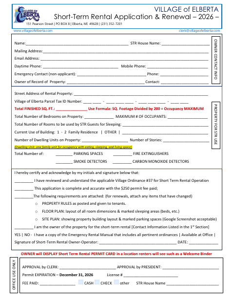 First page of the Short-Term Rental Application & Renewal 2026