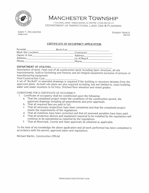 First page of the Certificate of Occupancy Application