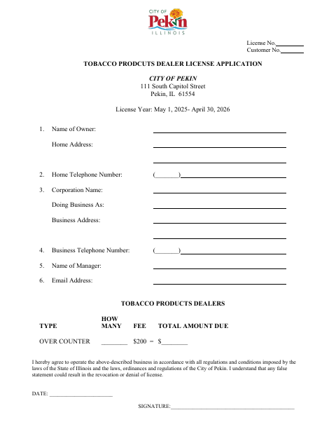 First page of the Tobacco Products Dealer License Application