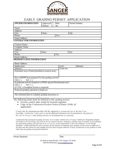 First page of the Early Grading Permit Application