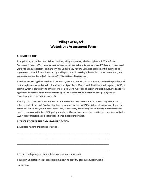 First page of the Waterfront Assessment Form
