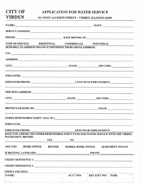 First page of the Water Service Application