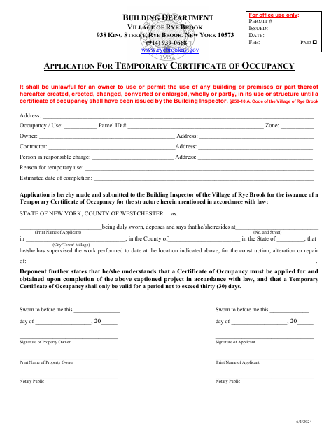First page of the Temporary Certificate of Occupancy Application