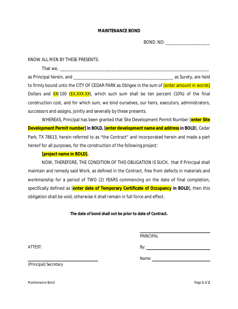 First page of the Maintenance Bond