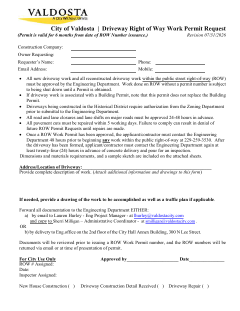 First page of the Driveway Right of Way Work Permit Request