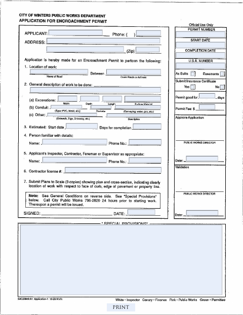 First page of the Encroachment Permit Application