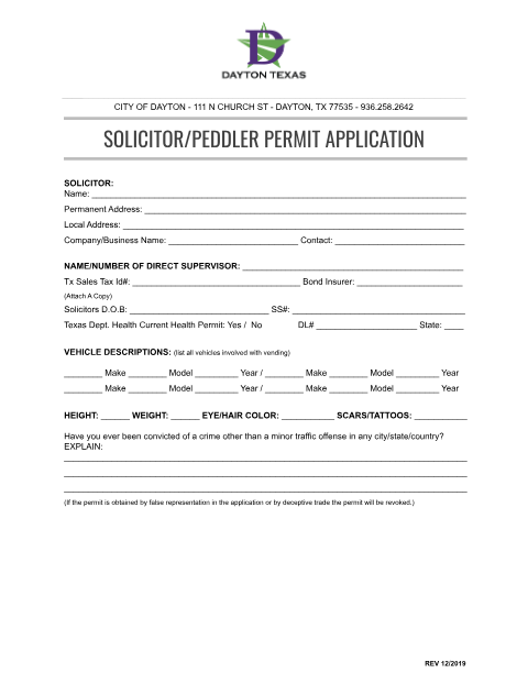 First page of the Solicitor/Peddler Permit Application