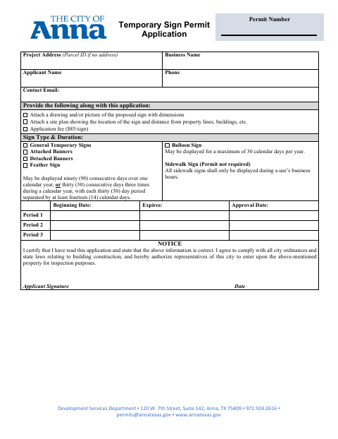 First page of the Temporary Sign Permit Application