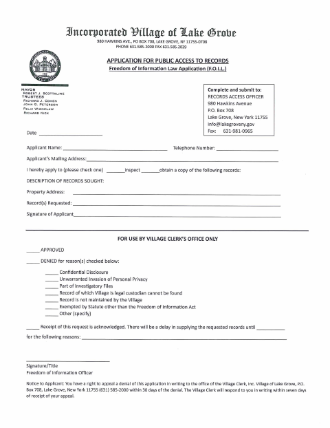 First page of the Freedom of Information Records Request