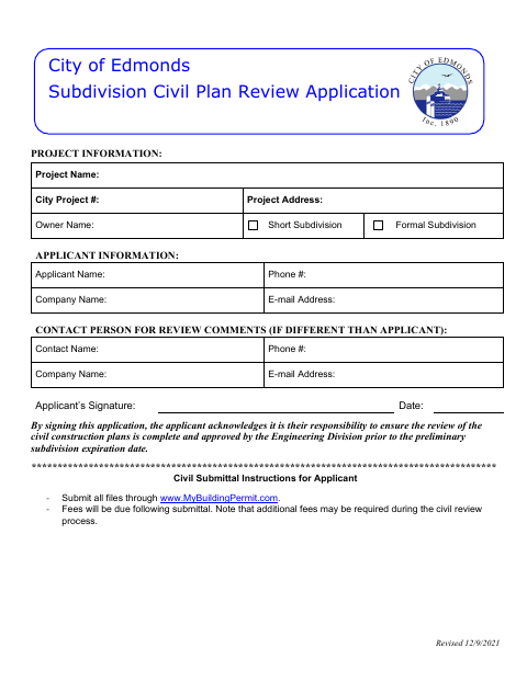 First page of the Subdivision Civil Plan Review Application