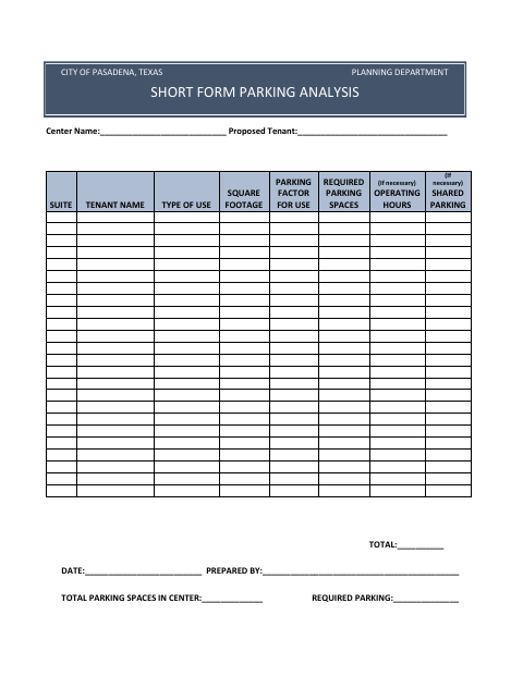 First page of the Short Form Parking Analysis