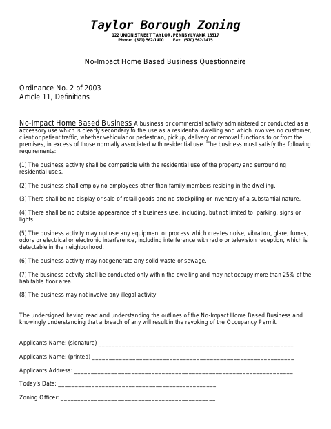 First page of the No-Impact Home Based Business Questionnaire